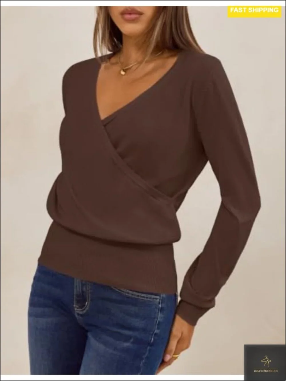V Neck Wrap Sweater for Women Long Sleeve Knit Pullover Hidden Snap